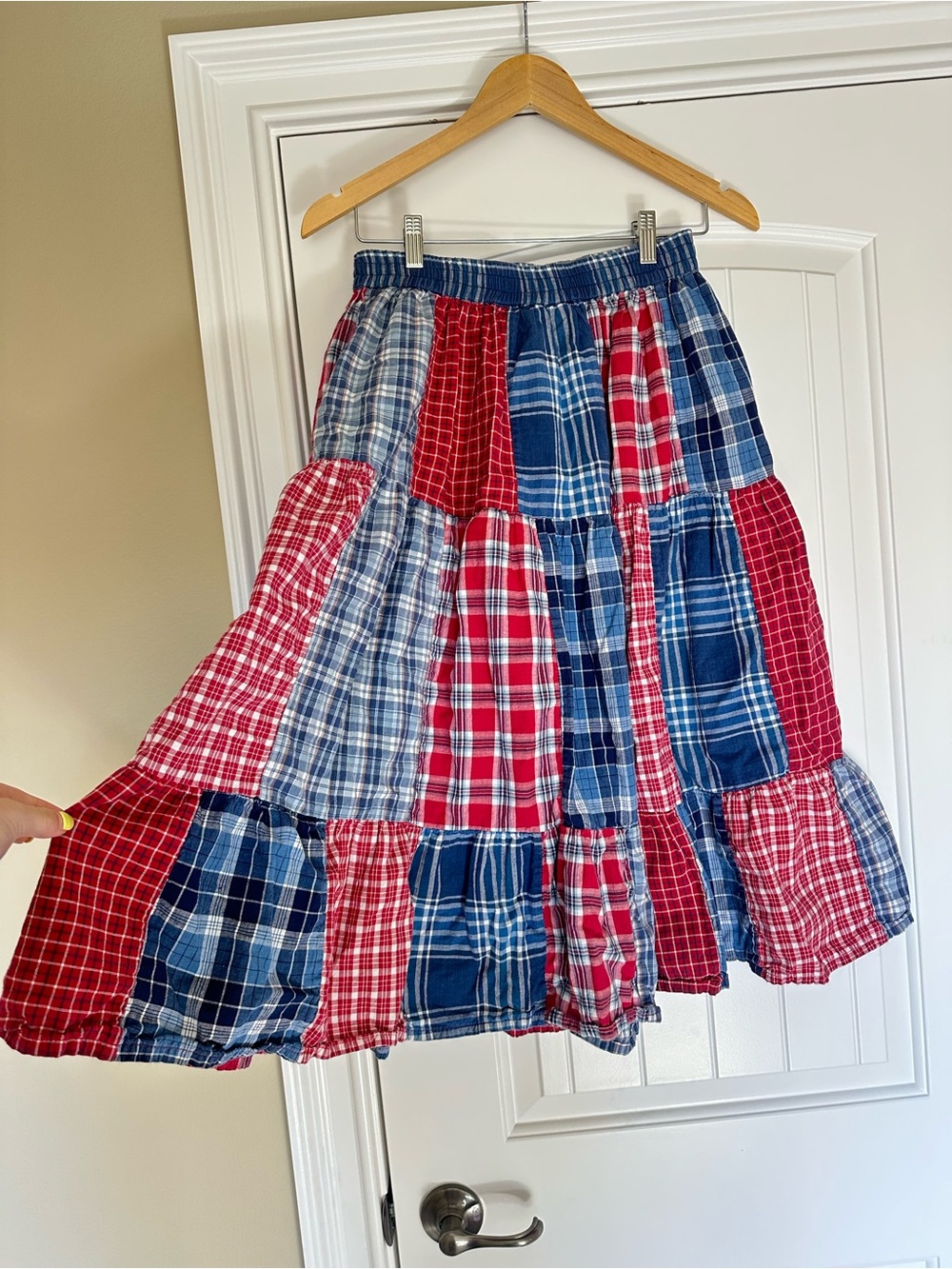 90’s Casey & Max red and blue plaid patchwork skirt